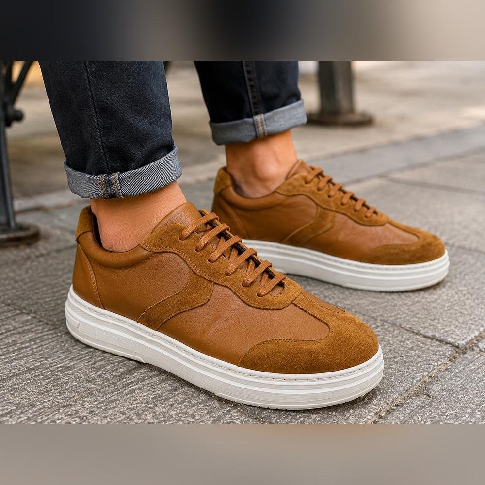 Tênis Masculino em Couro e Camurça com Cadarço Marrom 2