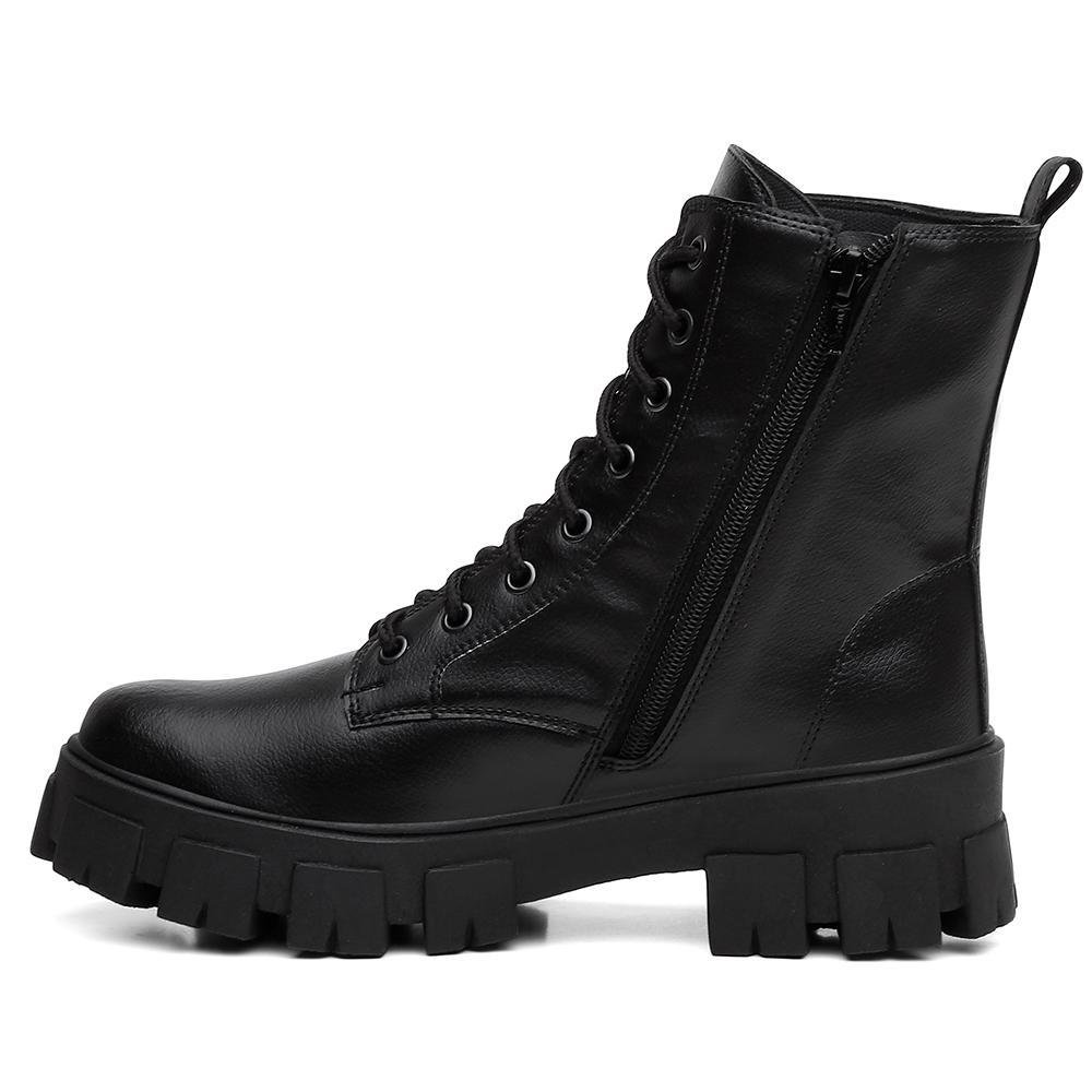 Coturno Feminino Salto Baixo Tratorado Cano Curto Zíper Preto 4