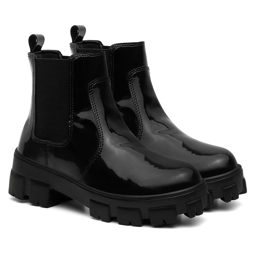 Bota Valentina K Feminina Cano Curto Tratorada Chelsea Verniz Elástico Feminino Preto 1