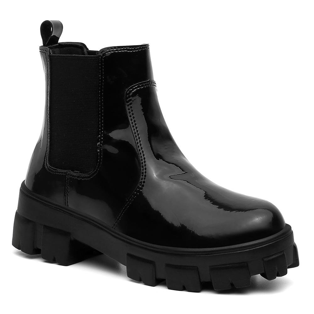 Bota Valentina K Feminina Cano Curto Tratorada Chelsea Verniz Elástico Feminino Preto 2