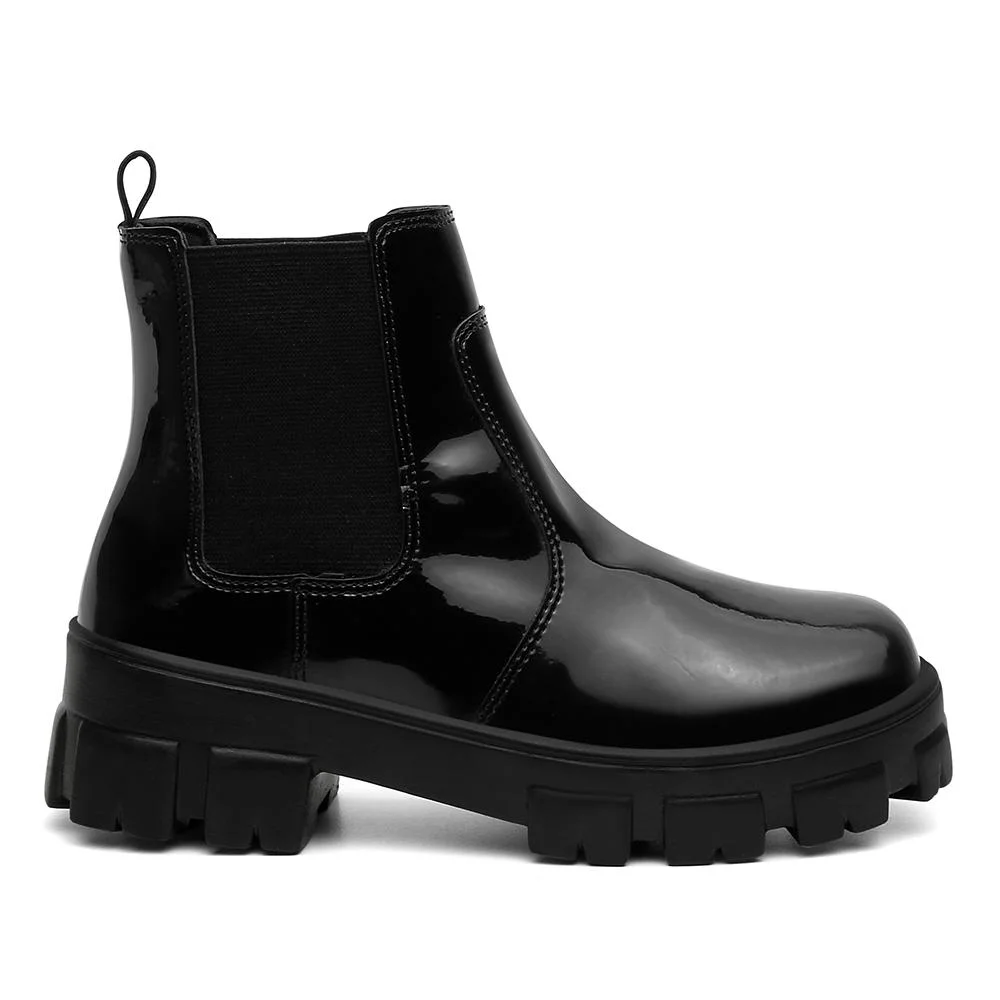 Bota Valentina K Feminina Cano Curto Tratorada Chelsea Verniz Elástico Feminino Preto 3