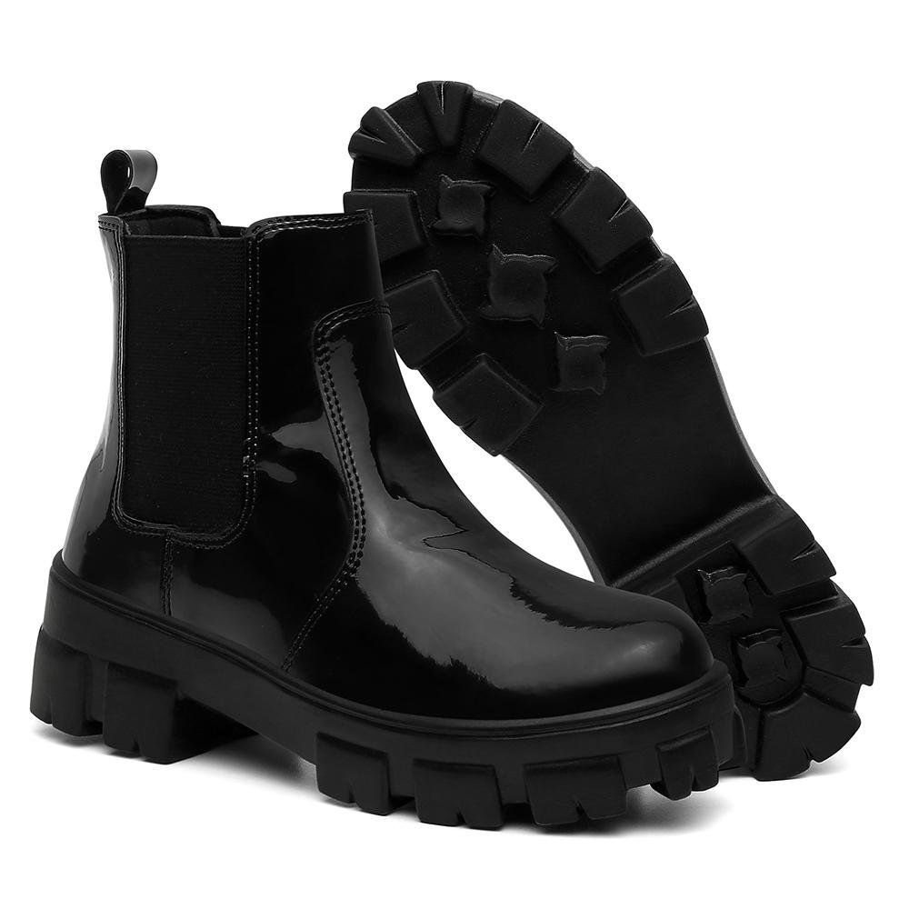 Bota Valentina K Feminina Cano Curto Tratorada Chelsea Verniz Elástico Feminino Preto 4