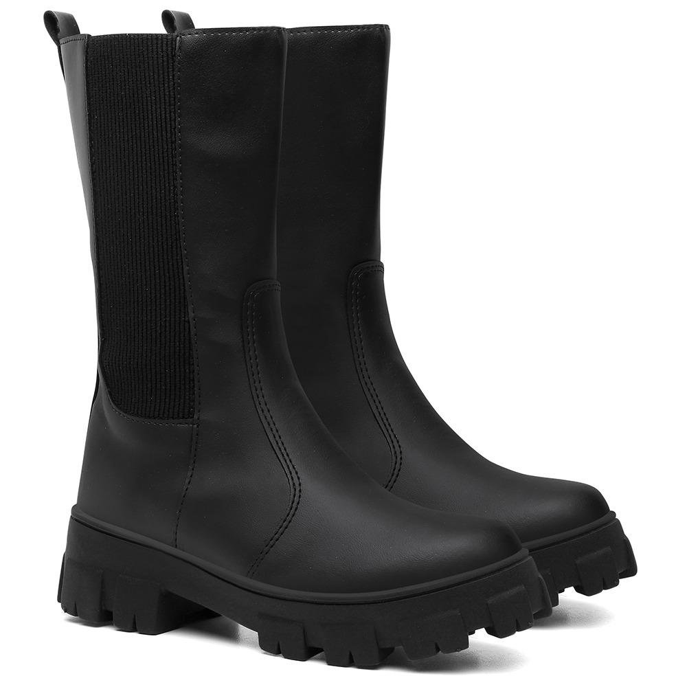 Bota Feminina Tratorada Salto Baixo Cano Médio Chelsea Preto 1