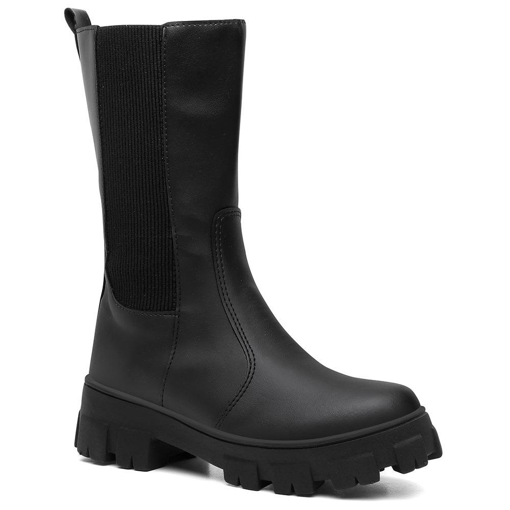 Bota Feminina Tratorada Salto Baixo Cano Médio Chelsea Preto 2
