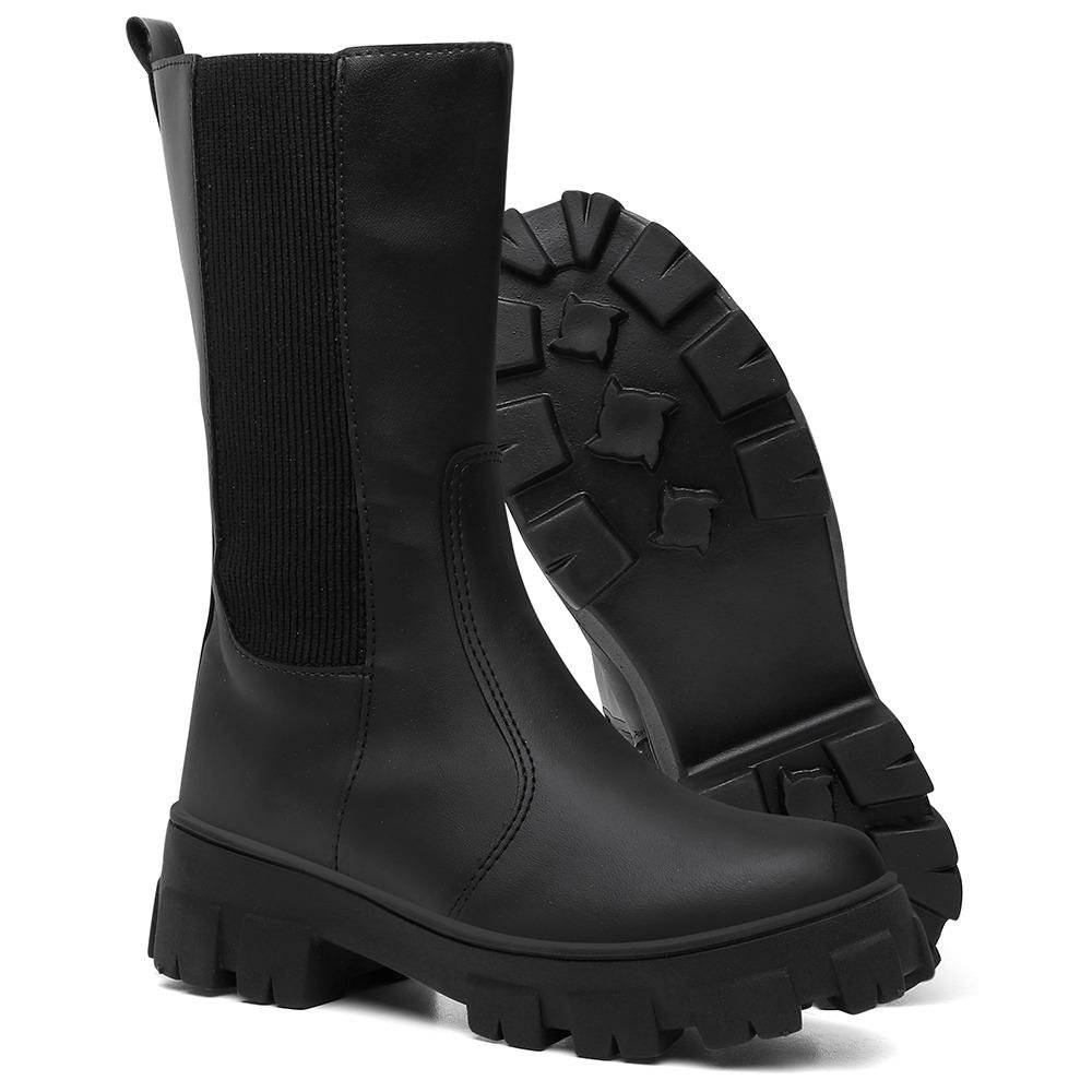 Bota Feminina Tratorada Salto Baixo Cano Médio Chelsea Preto 5