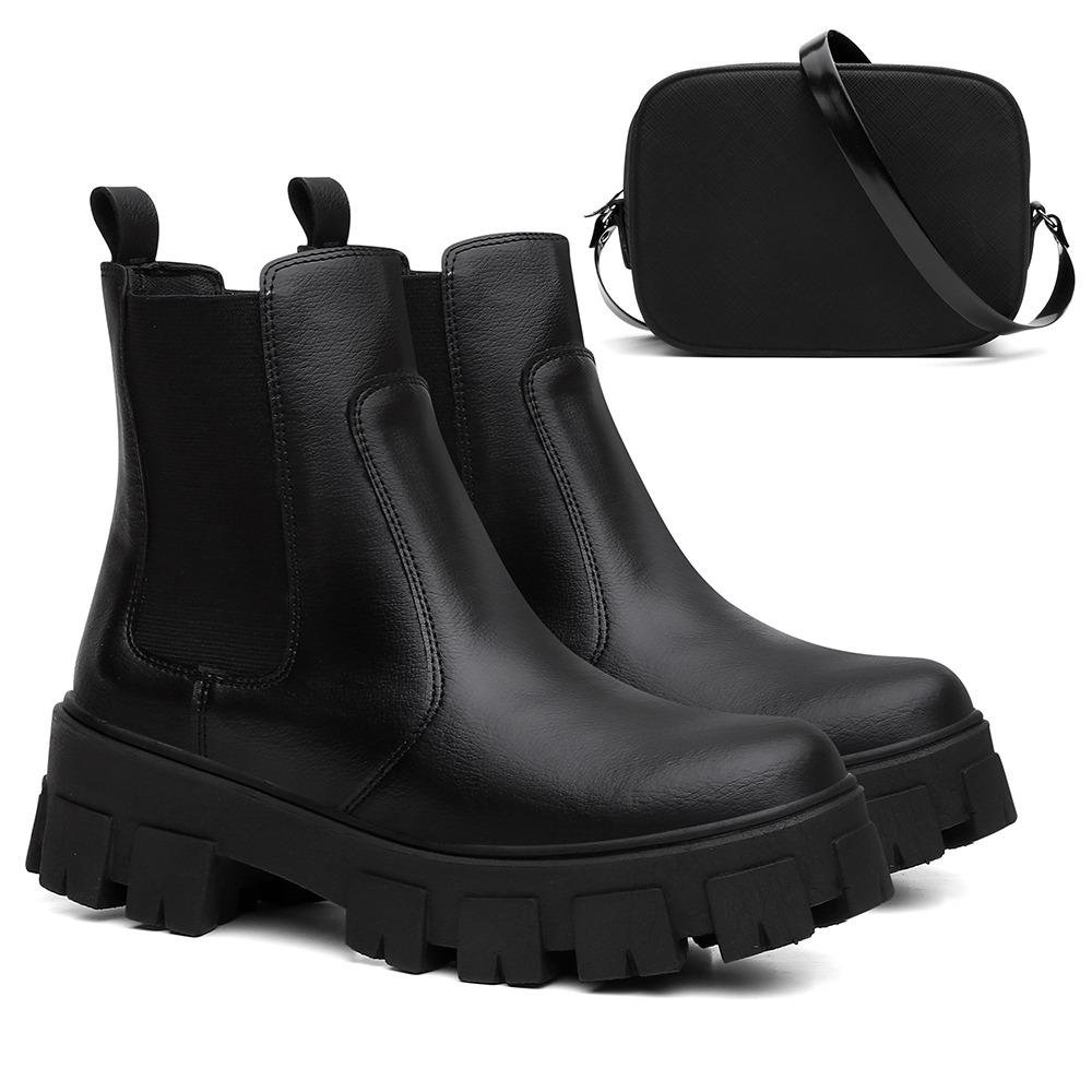 Kit Bota Chelsea Feminina Tratorada + Bolsa Bag Alça Fixa Preto 1