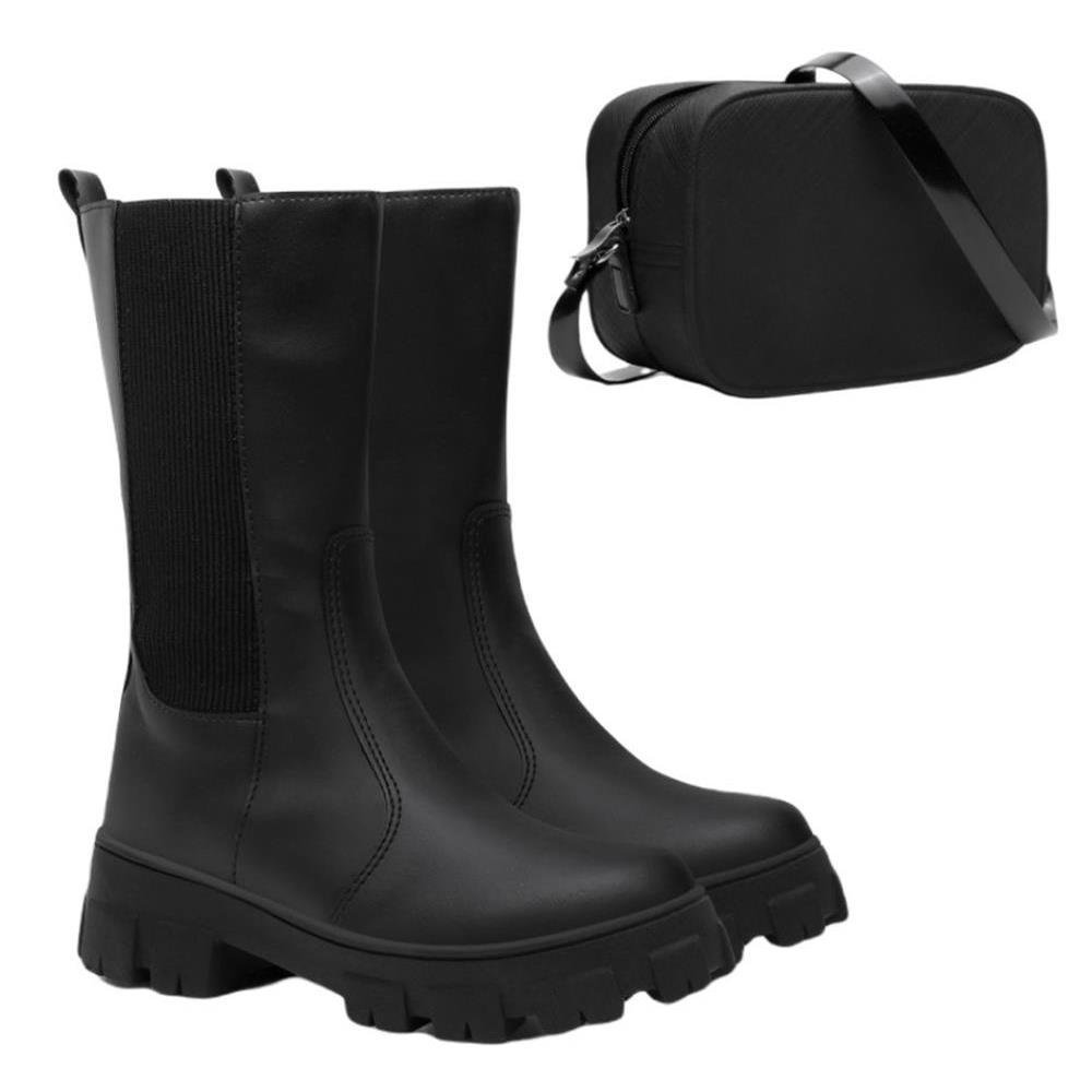 Kit Bota Chelsea Feminina Tratorada Bolsa Bag Alça Zíper Preto