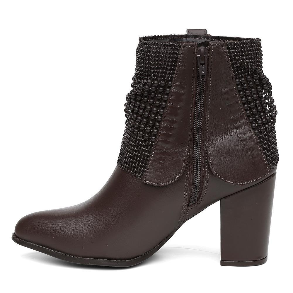 Bota Feminina Cano Curto Couro Salto Médio Malha Metal Marrom 2