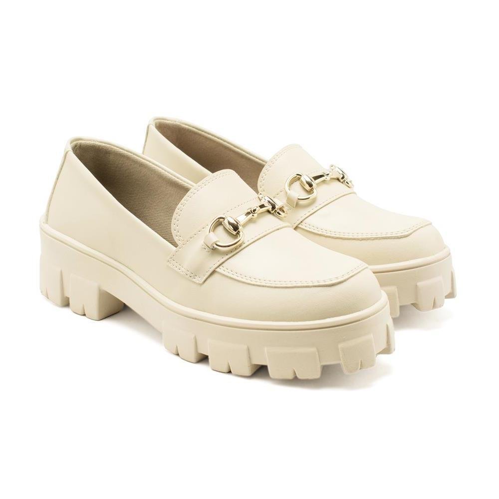 Mocassim Feminino Tratorado Salto Baixo Confortável Casual Bege 2