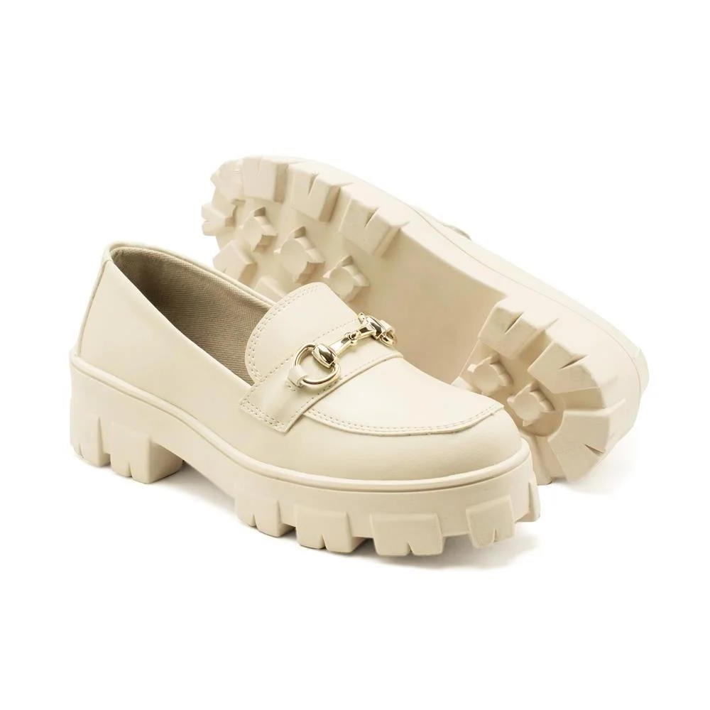 Mocassim Feminino Tratorado Salto Baixo Confortável Casual Bege 5