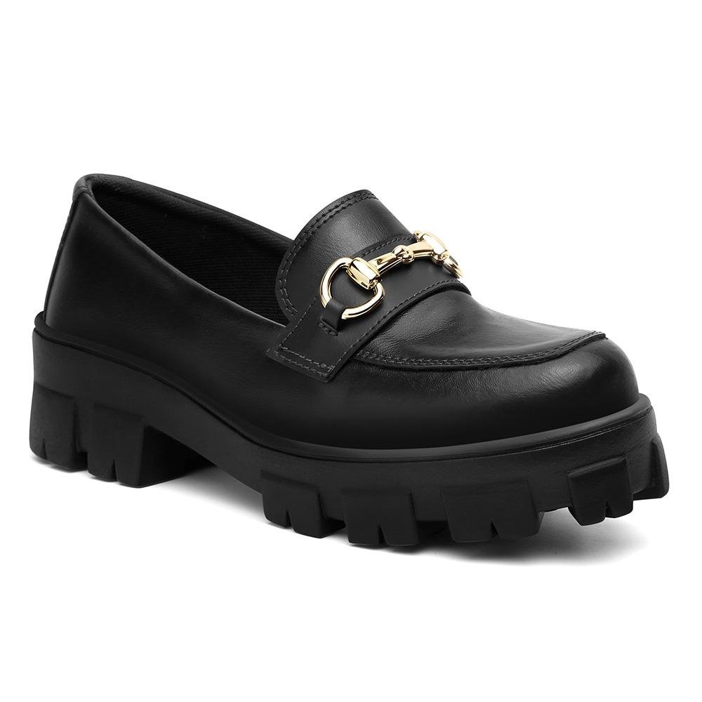 Mocassim Feminino Tratorado Salto Baixo Confortável Casual Preto 3