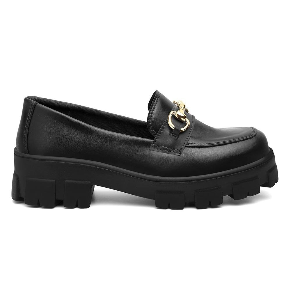 Mocassim Feminino Tratorado Salto Baixo Confortável Casual Preto 4