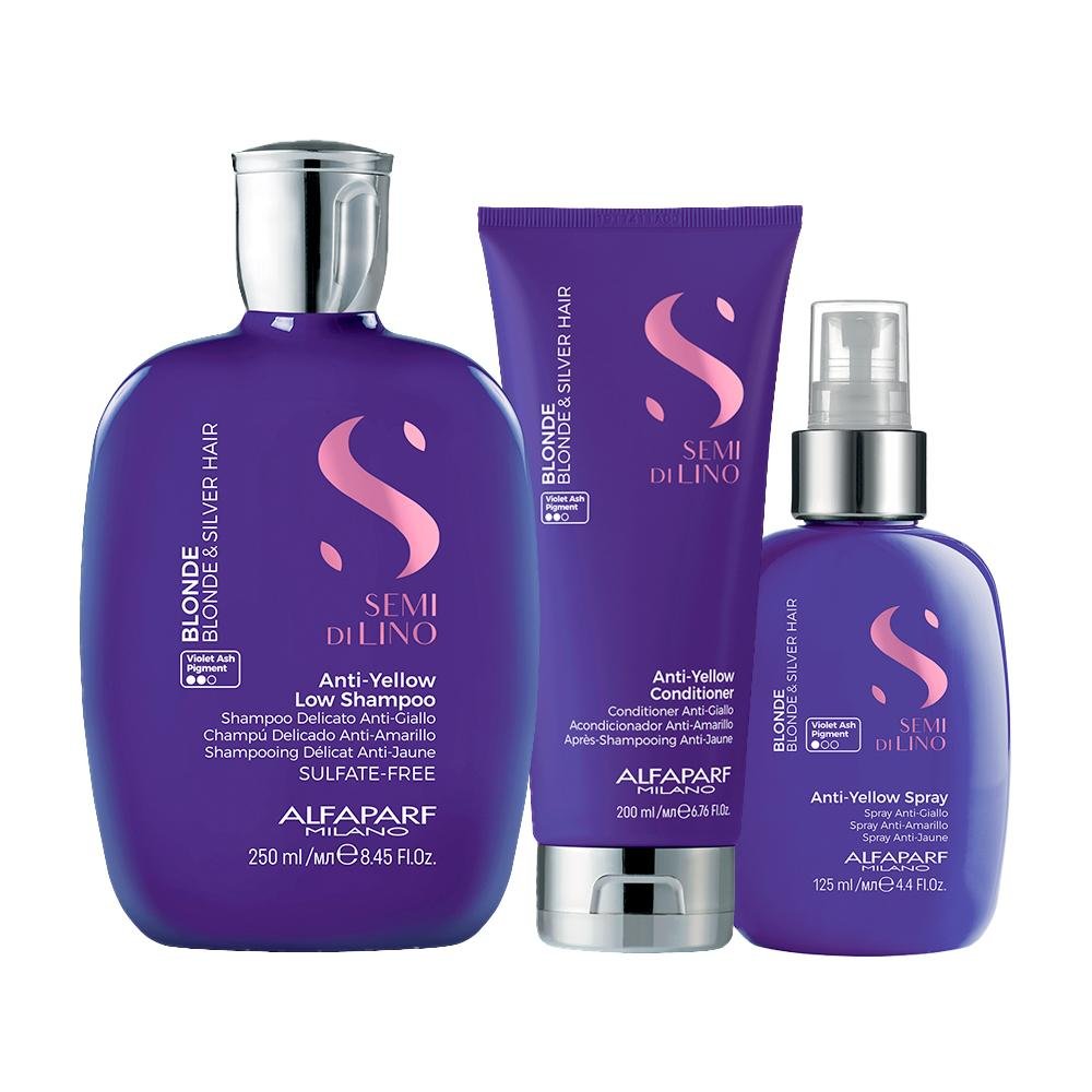 Kit Alfaparf Milano Professional Semi Di Lino Blonde Anti-Yellow -Shampoo e Condicionador e Leave-In ÚNICO 1
