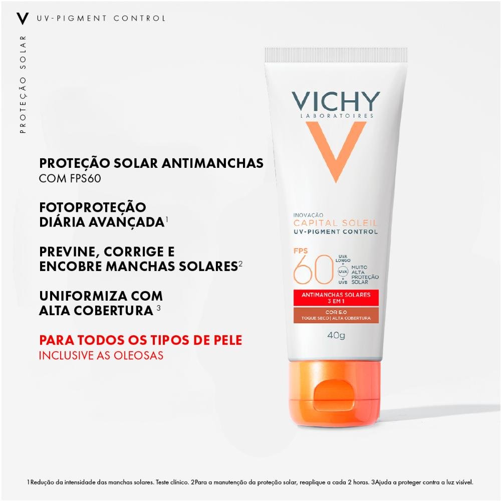 Vichy Capital Soleil UV-Pigment Control FPS 60 5.0 Protetor Solar Facial Antimanchas 40g Cor 5.0 7