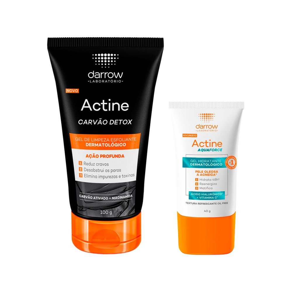 Kit Facial Darrow Actine Para Peles Oleosas E Acneicas - Gel De Limpeza Esfoliante Carvão Detox 100 g + Gel Hidratante Facial Aquaforce 40 g ÚNICO 1