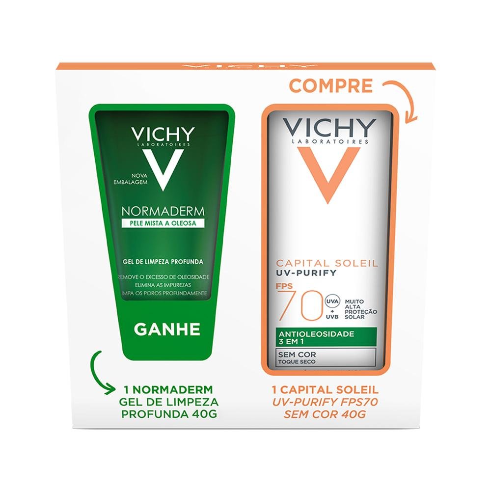 Kit Vichy Capital Soleil UV-Purify Protetor Solar Facial FPS70 sem Cor 40g + Normaderm Gel de Limpeza 40g ÚNICO 1