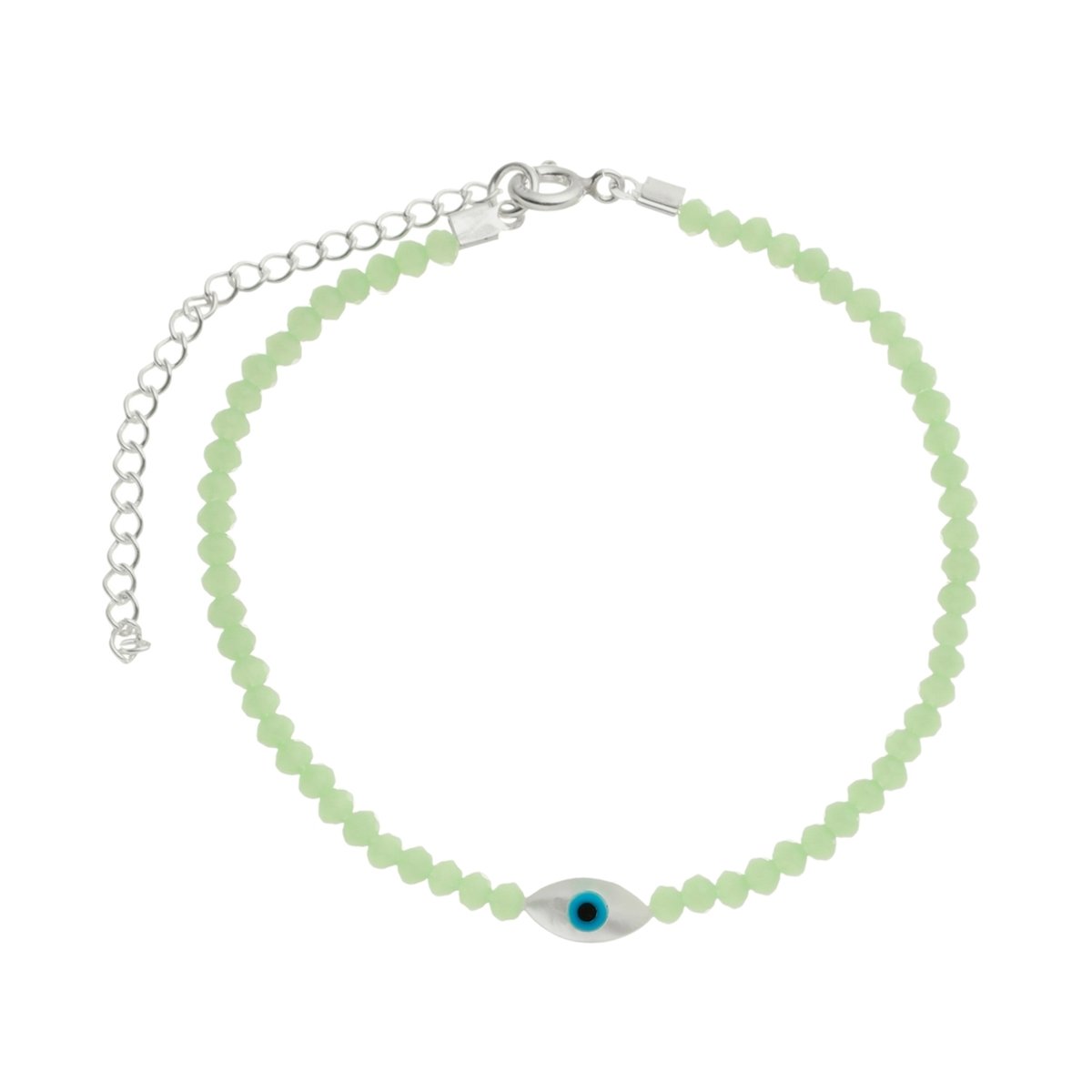 Pulseira Nylon Prata 925 Olho Grego Oval Cristal Verde Claro Prata 1