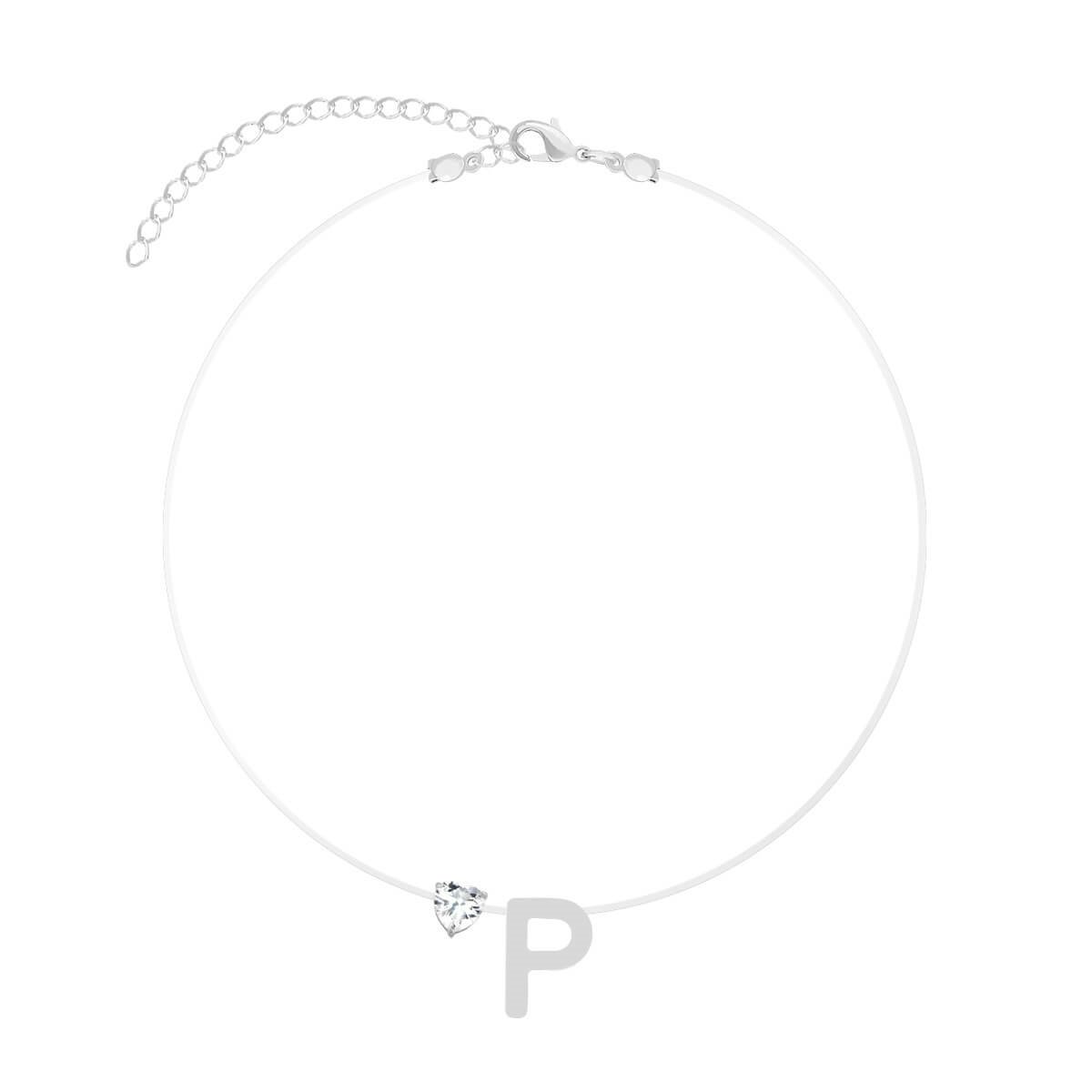 Choker Nylon Folheado a Ródio Coração Zircônia Letra P Prata 1