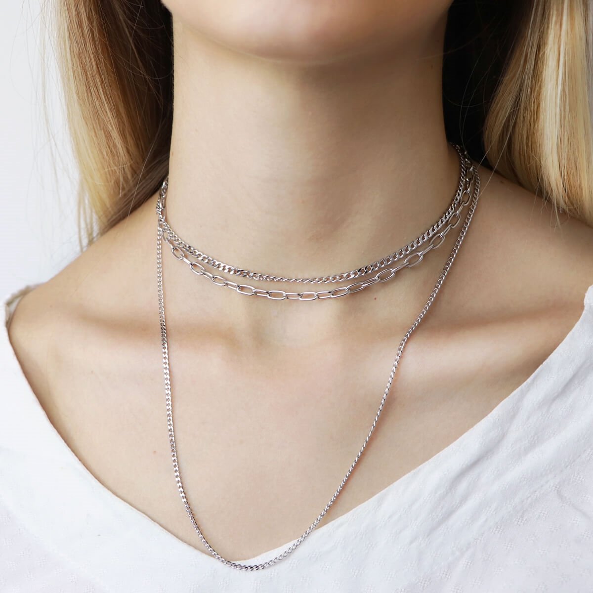 Choker Folheado a Ródio Corrente Elo Groumet Fina 3mm Prata 2