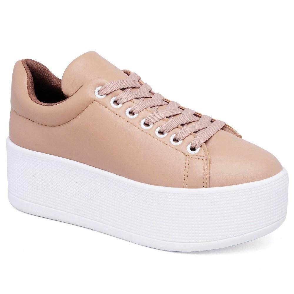 Tênis Feminino Plataforma Flatform Liso Moderno Conforto Bege 1