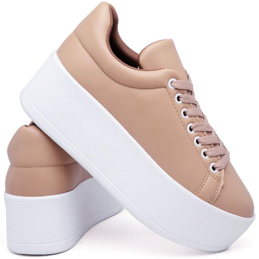 Tênis Feminino Plataforma Flatform Liso Moderno Conforto Bege 3