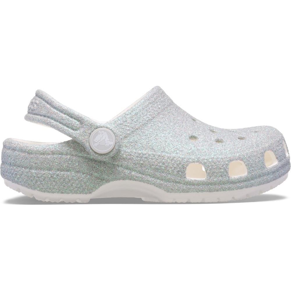 Sandália crocs classic iridescent glitter clog k white