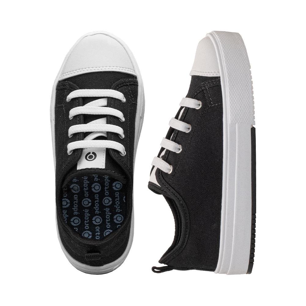 Tênis Preto e Branco Kids Fechamento Cadarço Flatform | Ortopé Preto 8
