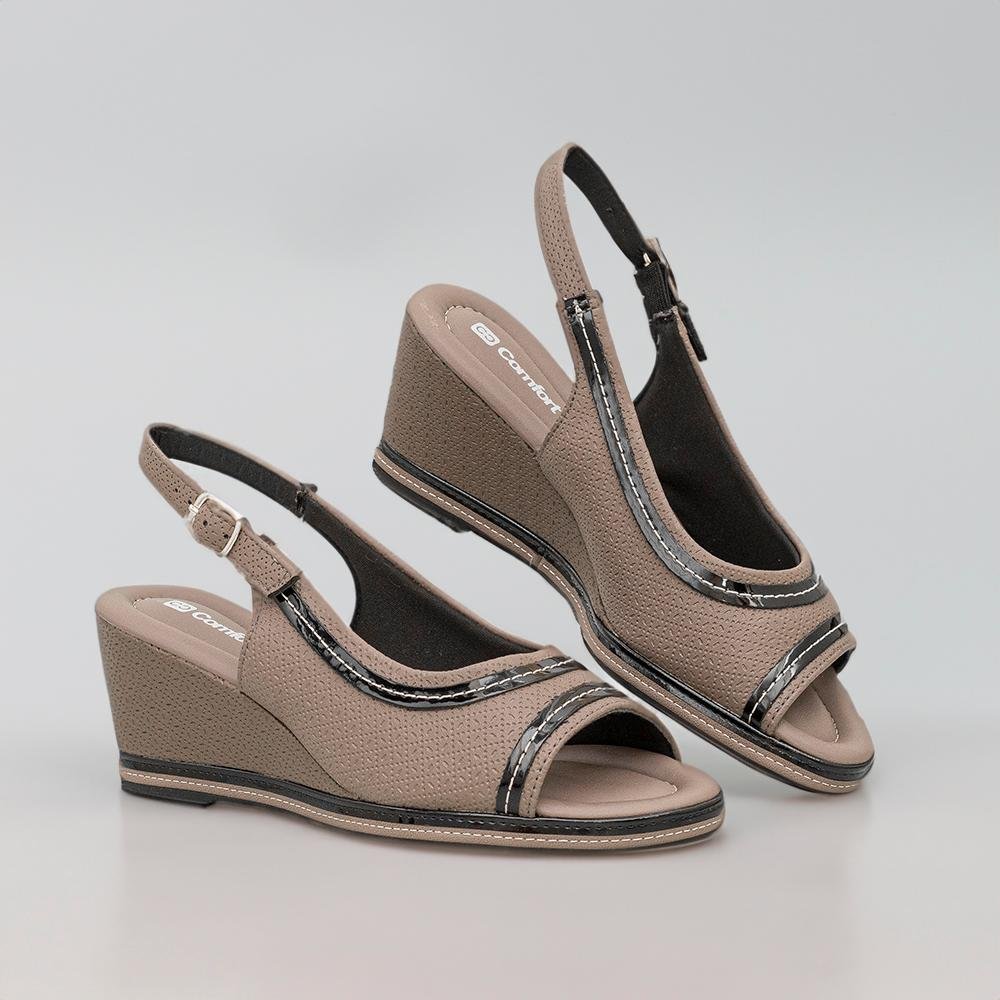 Sandália Peep Toe Anabela Taupe e Preto Costura Aparente | Comfort Cinza 7