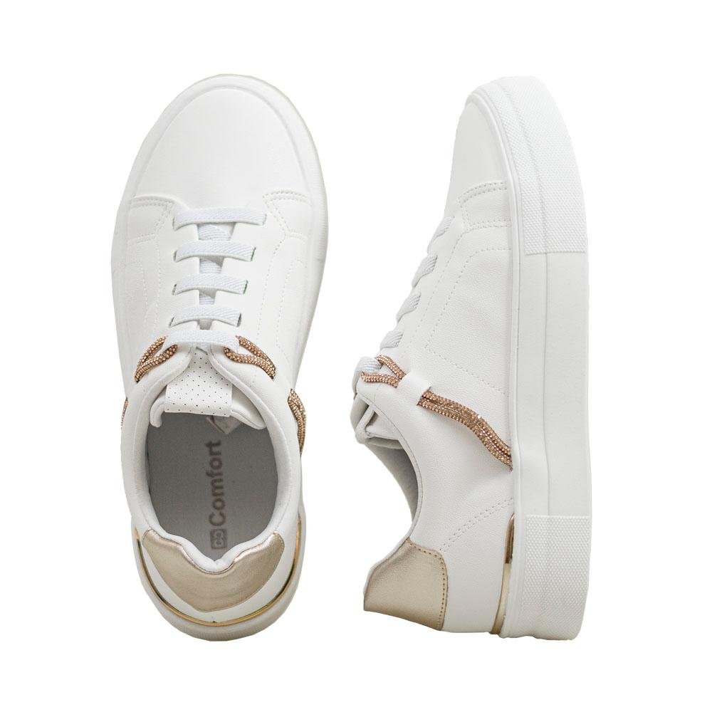 Tênis Casual Branco e Tofu Detalhes em Strass e Metalizado | Comfort Branco 2