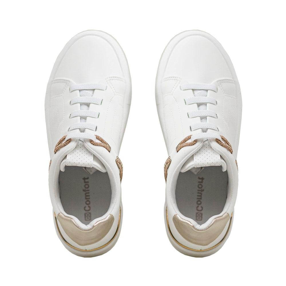 Tênis Casual Branco e Tofu Detalhes em Strass e Metalizado | Comfort Branco 5