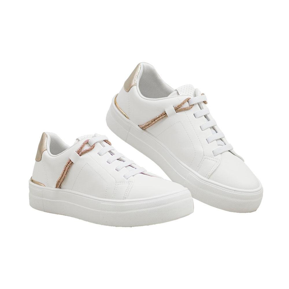 Tênis Casual Branco e Tofu Detalhes em Strass e Metalizado | Comfort Branco 7