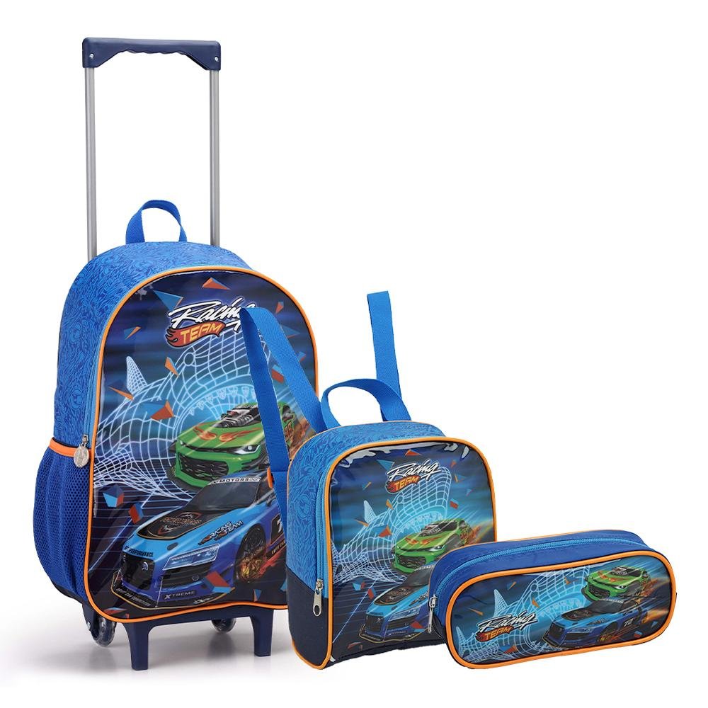 Kit Mochila Carrinho + Lancheira + Estojo Azul Kids Racing Team