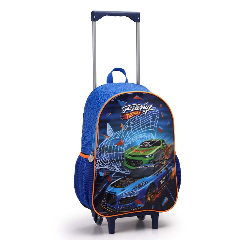 Kit Mochila Carrinho + Lancheira + Estojo Azul Kids Racing Team