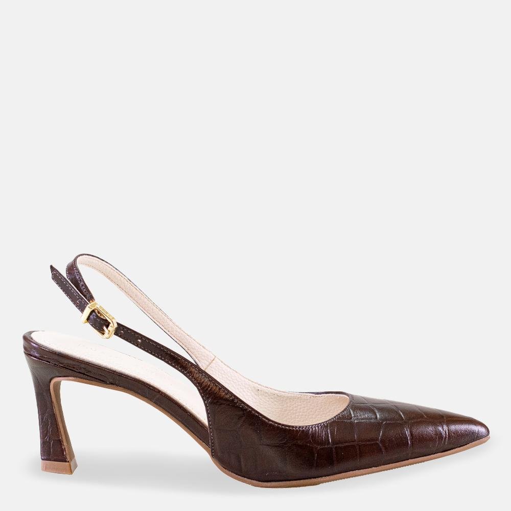 Slingback Feminino Couro Textura Croco Comfort Café 3