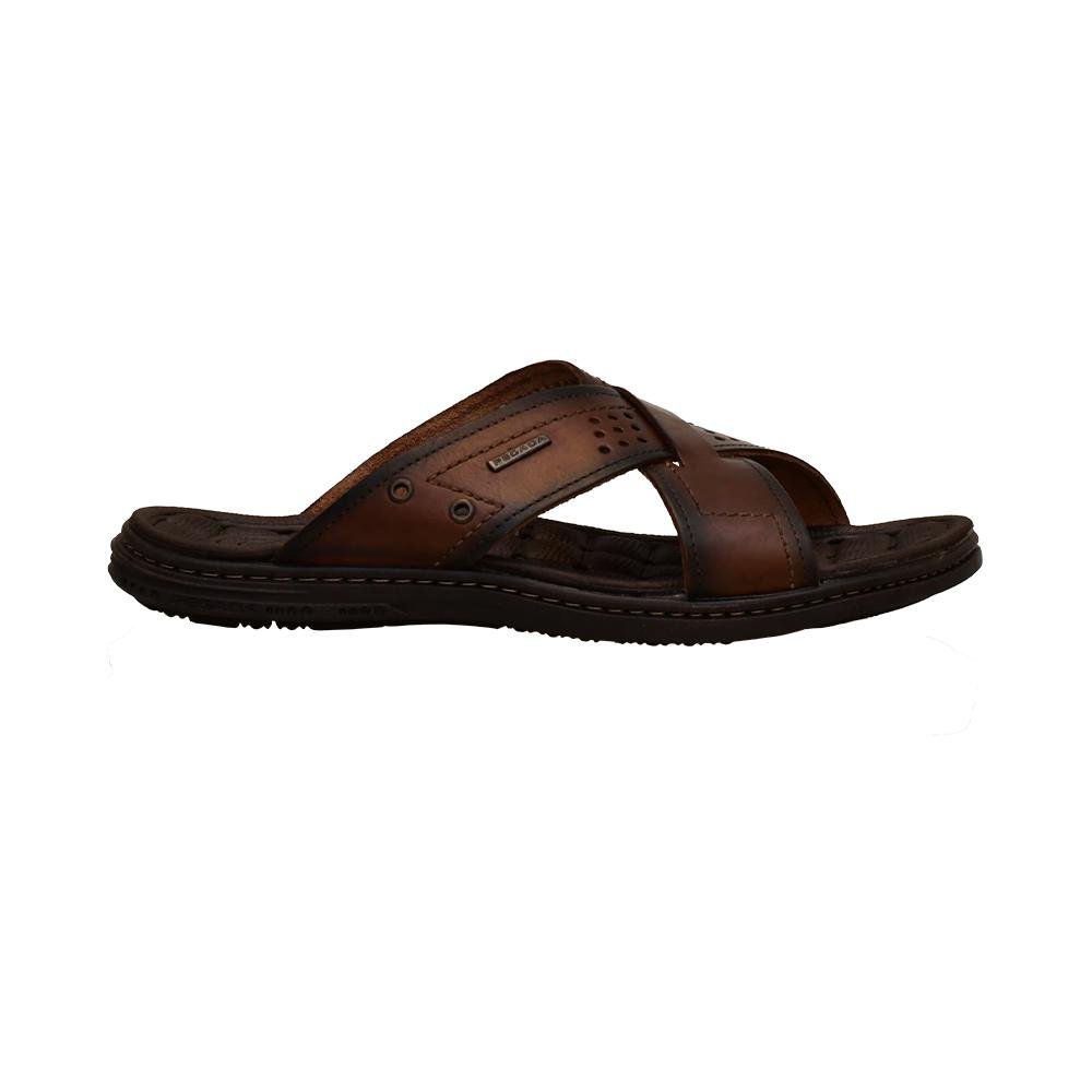 Chinelo Couro Pinhão Tiras Grossas Cruzadas | Pegada