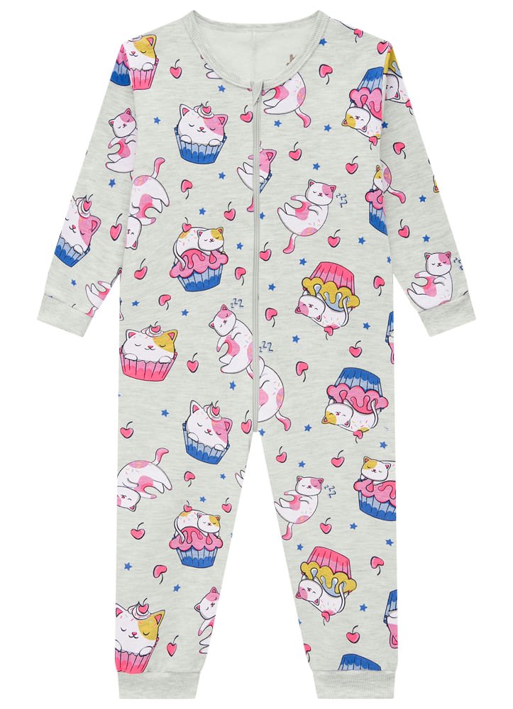 Pijama macacão infantil menina de gatinhos Brandili