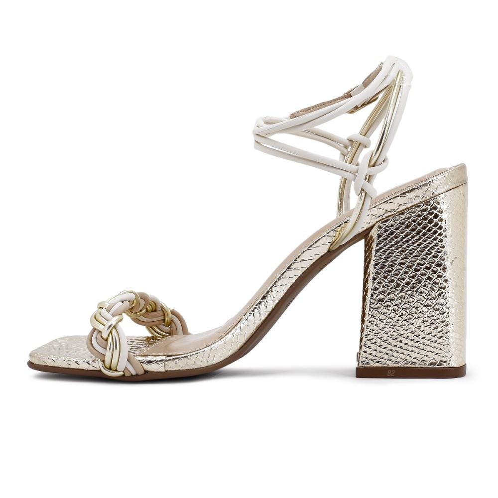 Sandália Via Uno Salto Alto Bloco Tiras Feminina Dourado/Bege 2