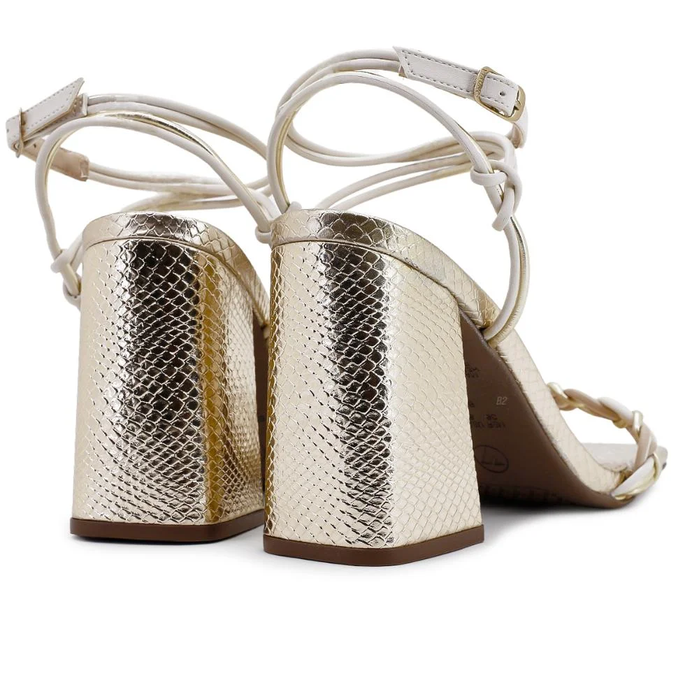 Sandália Via Uno Salto Alto Bloco Tiras Feminina Dourado/Bege 5