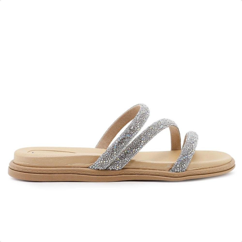 Sandália Papete Beira Rio Strass Feminina Bege/Prata 1