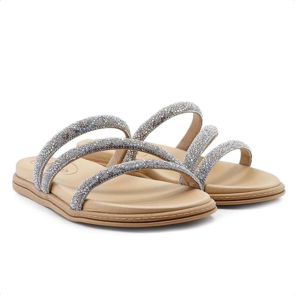 Sandália Papete Beira Rio Strass Feminina Bege/Prata 3