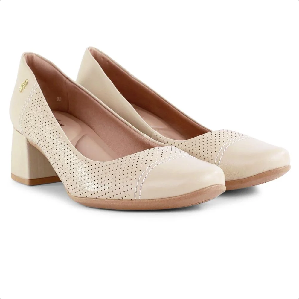 Scarpin Usaflex Salto Bloco Furos Feminino Bege/Marrom 3