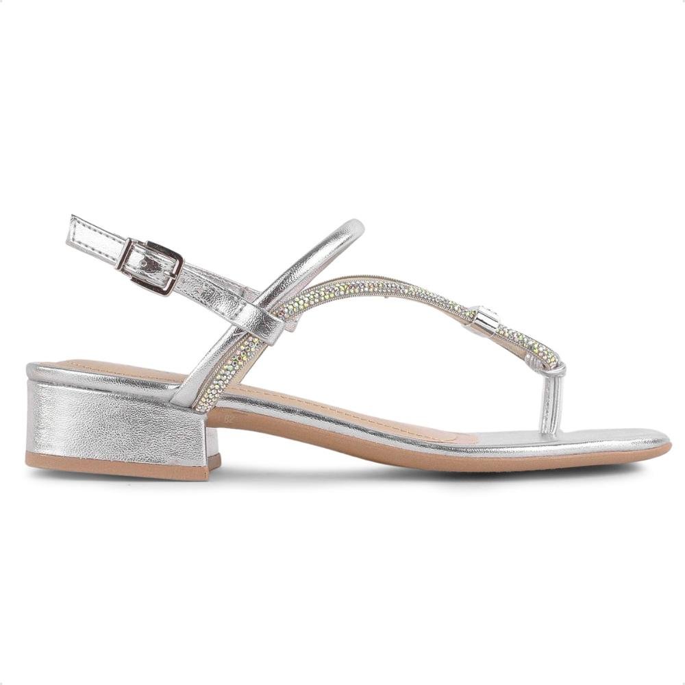 Sandália Ramarim Salto Baixo Feminina Prata/Bege