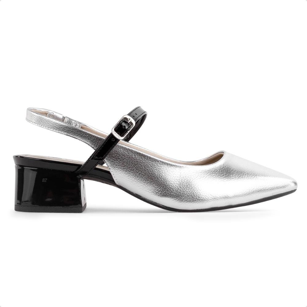 Sapato Via Uno Slingback Salto Bloco Feminino Prata/Preto 1