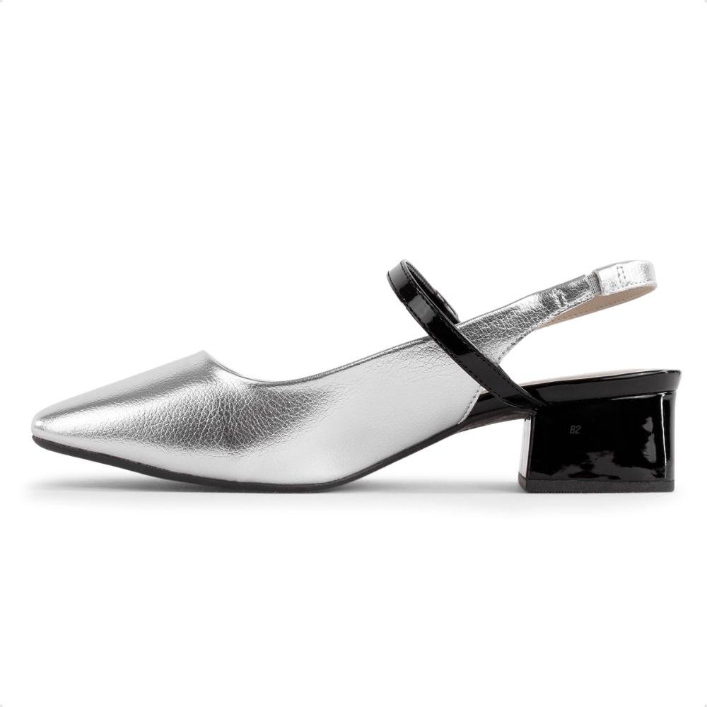 Sapato Via Uno Slingback Salto Bloco Feminino Prata/Preto 2