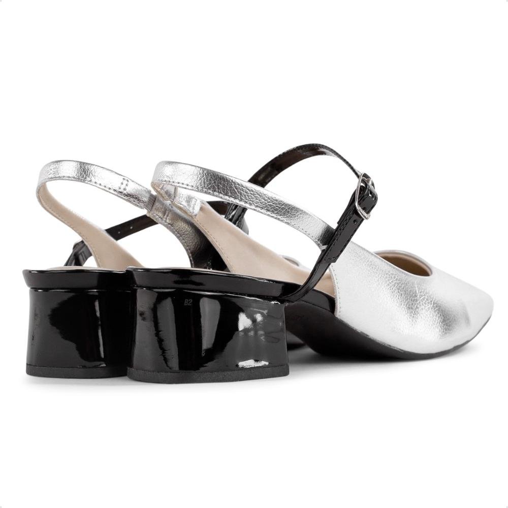 Sapato Via Uno Slingback Salto Bloco Feminino Prata/Preto 5