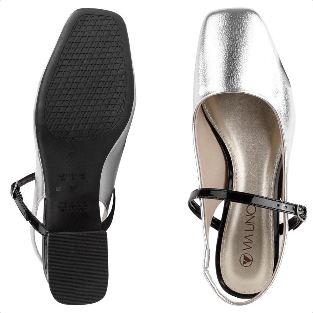 Sapato Via Uno Slingback Salto Bloco Feminino Prata/Preto 6