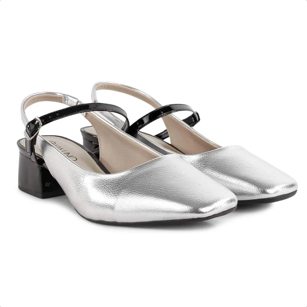 Sapato Via Uno Slingback Salto Bloco Feminino Prata/Preto 3