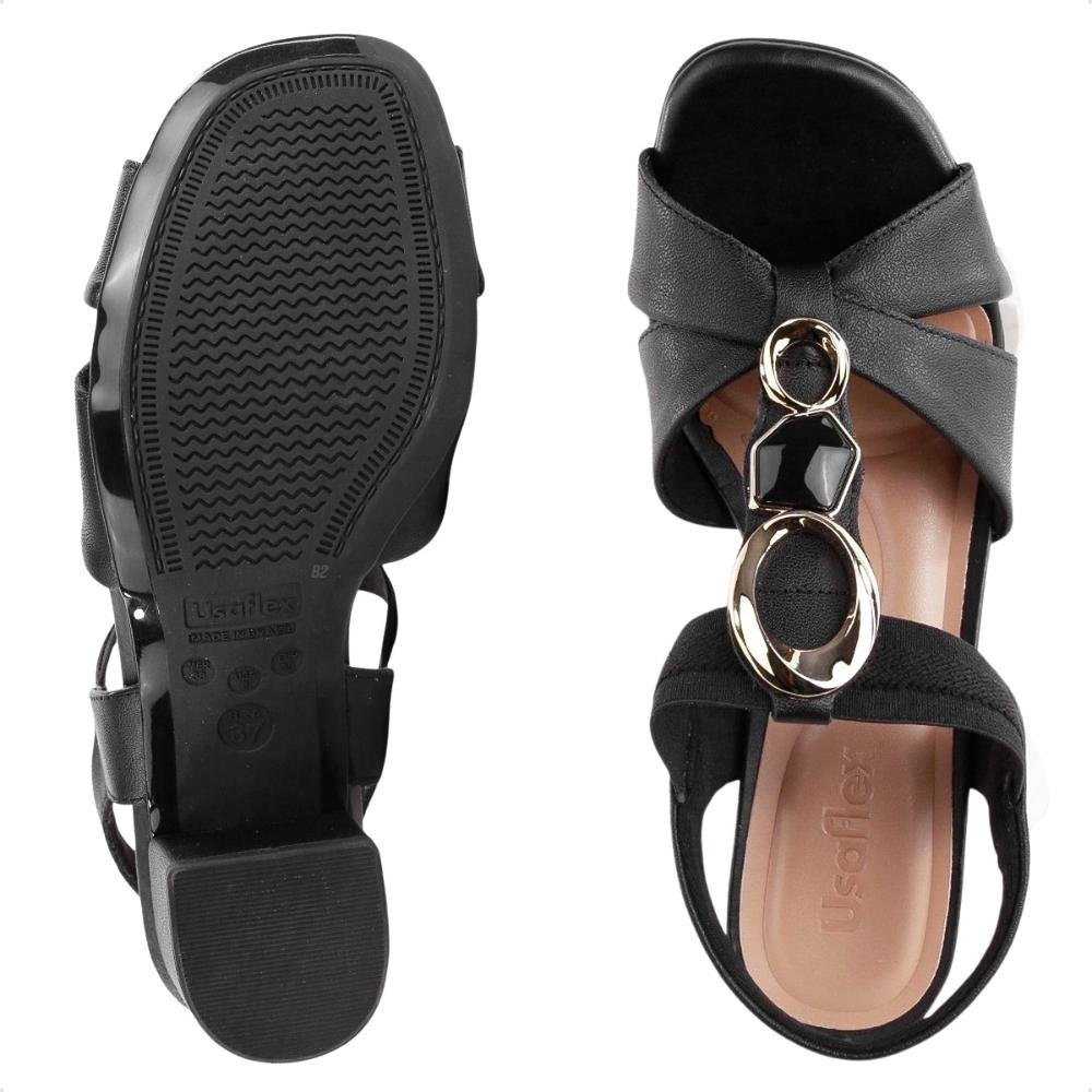 Sandália Usaflex Salto Bloco Pedraria Feminina Preto 6