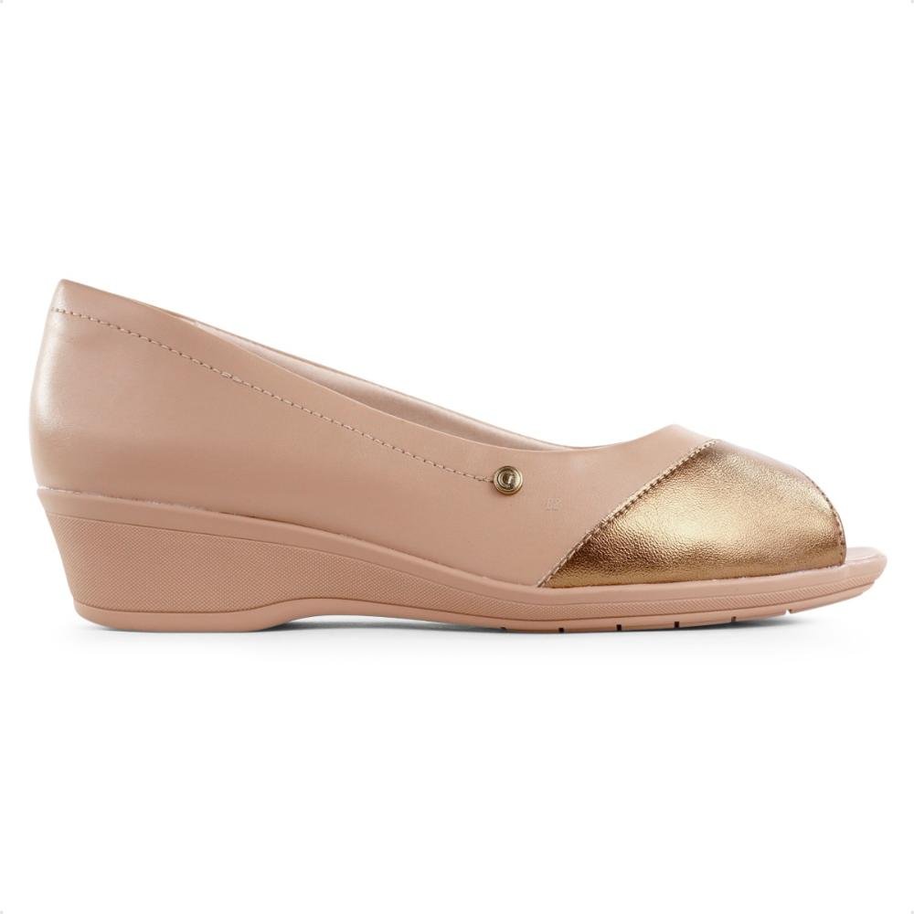 Sapato Comfortflex Peep Toe Feminino Bege/Dourado 1