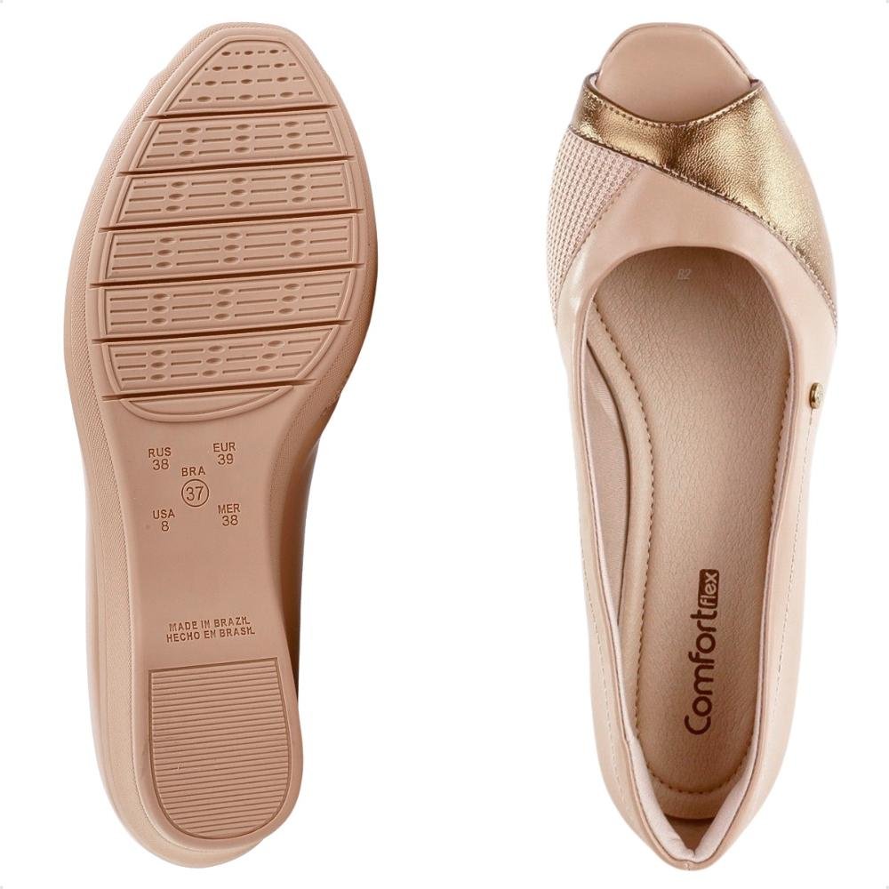 Sapato Comfortflex Peep Toe Feminino Bege/Dourado 6